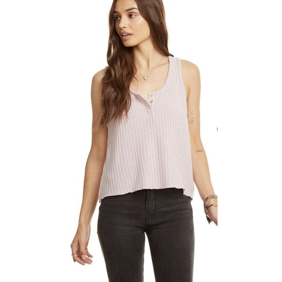 Chaser Sparkle Thermal Flouncy Cropped Henley Tank Small Satin Light Pink Snaps - Picture 3 of 9